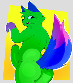 anthro big_butt big_penis big_tail butt fur genitals green_body green_fur huge_penis male penis retro simple_background solo tail teeth baudelario don't_touch_my_pizza_(meme) nyanwolf kevin_(nyanwolf) canid canine canis mammal wolf absurd_res hi_res