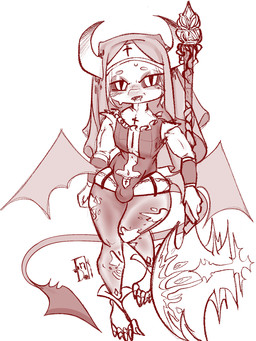 axe battle_axe bulge claws clothing colored_sclera cross fangs femboy flat_chested garter_belt garter_straps hip_wings horn leggings legwear muscular nun nun_outfit teeth torn_clothing torn_leggings torn_legwear unusual_wing_placement wings inkdoll demon sketch