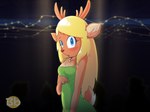 anthro antlers blonde_hair blue_eyes blush clothing dress female freckles green_clothing green_dress hair horn jewelry lights looking_at_viewer necklace open_mouth red_nose solo spotlight tail bingbingo_(artist) deltarune undertale_(series) noelle_holiday deer mammal new_world_deer reindeer hi_res signature