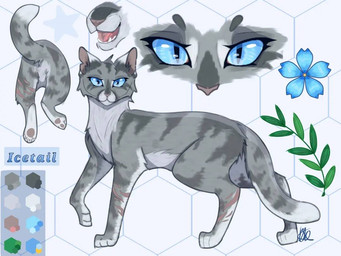 blue_eyes blue_flower feral flower fur grey_body grey_fur grey_stripes honeycomb_background leg_scar looking_at_viewer markings plant scar simple_background solo striped_markings stripes white_background white_underside icetailwarrior warriors_(book_series) icetail_(icetailwarrior) 2023 4:3