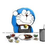 anthro apron bell blue_body blue_fur bowl clothing collar container curry eyes_closed food front_view fur furniture machine male mouth_closed plate raised_arm red_collar red_nose rice simple_background solo spices sprinkling standing table whiskers white_background white_body white_fur mt_tg doraemon doraemon_(character) domestic_cat felid feline felis mammal robot 1:1 2020 absurd_res hi_res shaded