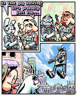3_panel_comic ak-47 ak_platform aloha_shirt anthro assault_rifle bottomwear bow_tie bulletproof_vest cartoon_gloves clothing denim denim_bottomwear denim_clothing dialogue ears_back floppy_ears footwear fur group gun half-closed_eyes handgun hat headgear headwear humor jeans male mask narrowed_eyes open_mouth overalls pants pattern_clothing pattern_shirt pattern_topwear pistol pivoted_ears ranged_weapon rifle shirt shoes sneakers speech_bubble teeth text tooth_gap topwear trio weapon white_body white_fur yellow_body yellow_fur rawdawgcomics bingus_(rawdawgcomics) julian_(rawdawgcomics) stahli_(rawdawgcomics) ambiguous_species bird_dog canid canine canis domestic_dog golden_retriever hunting_dog lagomorph leporid mammal rabbit retriever 4:5 comic english_text