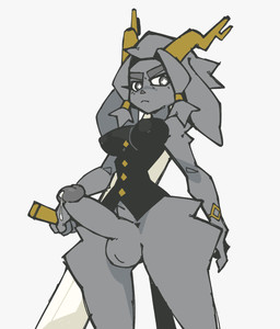 anthro antlers areola_visible_through_clothing balls biped black_clothing black_topwear black_vest bodily_fluids bottomless bracelet breasts button_(fastener) clothed clothing crotch_tuft dream_breaker_(pseudoregalia) dripping erection eyebrows floppy_ears frowning_at_viewer fur genital_fluids genitals glans gold_(metal) gold_bracelet gold_jewelry grey_body grey_eyes grey_fur grey_hair gynomorph hair hip_tuft holding_object holding_weapon horn humanoid_genitalia humanoid_penis intersex jewelry low-angle_view monotone_background nipple_outline penis precum precum_drip simple_background small_waist solo standing star_pupils thick_eyebrows tight_clothing topwear tuft vest weapon white_background echossmetches pseudoregalia sybil_(pseudoregalia) hybrid jackalope lagomorph mammal 2024 hi_res female_(lore)