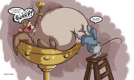 alcohol anthro belly beverage big_belly blue_clothing blue_gown blue_shirt blue_topwear brown_body brown_fur buckteeth burping castle clothing container crown cup dialogue duo female fur goblet gown grey_body grey_fur headgear larger_female male nude nude_anthro nude_female obese obese_anthro obese_female overweight overweight_anthro overweight_female pink_tongue queen red_insides royalty shirt size_difference speech_bubble step_ladder teeth text tiara tongue topwear torn_clothing wine wine_goblet dutch_(artist) great_queen_rat_(dutch) mammal mouse murid murine rat rodent 2024 5:3 english_text hi_res