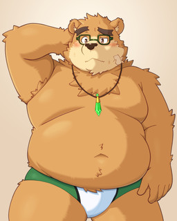 anthro belly big_belly blush briefs brown_body brown_fur clothing eyewear fur glasses kemono male overweight overweight_male simple_background solo underwear yaki_atsuage lifewonders tokyo_afterschool_summoners volos_(tas) bear mammal 2026 4:5 absurd_res hi_res
