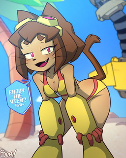 anthro beach bedroom_eyes bikini brown_hair clothed clothing eyewear eyewear_on_head female gloves goggles goggles_on_head hair handwear narrowed_eyes open_mouth open_smile seductive smile solo speech_bubble swimwear tail text two-piece_swimsuit whiskers semidraws gameoverse glitch_productions kit_bodega felid feline mammal