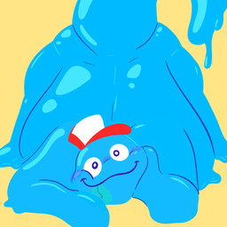 ambiguous_gender anthro ass_up blue_body blue_slime blue_tongue blush clothing hat headgear headwear looking_at_viewer smile solo tail tongue tongue_out trucker_hat supersponger everhood flan_(everhood) goo_creature 1:1 hi_res