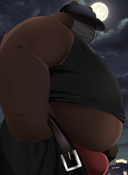 anthro belly big_belly bottomwear brown_body bulge clothing hat headgear headwear kemono male mask moon night outside overweight overweight_male pants shirt solo topwear trail_arnak bear mammal 2026 absurd_res hi_res