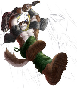 anthro boots clothed clothing electric_guitar footwear guitar looking_at_viewer male muscular muscular_anthro muscular_male musical_instrument plucked_string_instrument shoes solo string_instrument teeth dingding_(artist) canid canine mammal 5:6