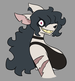 ahoge anthro arm_scar big_breasts black_bra black_clothing black_nose black_sports_bra black_underwear bra breasts choker clothing female grey_hair hair hair_over_eye jewelry long_hair looking_at_viewer messy_hair necklace pink_inner_ear red_eyes scar shadow_face simple_background smile solo sports_bra teeth torn_ear underwear white_sclera yellow_teeth nerdyreindeer ambiguous_species 2026 shaded simple_shading