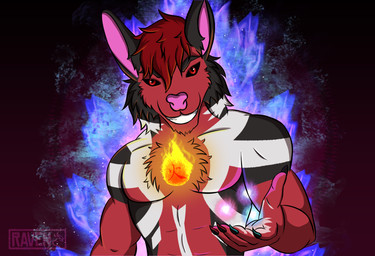 abs anthro biped black_body black_fur black_sclera fur light looking_at_viewer magic magic_user male male_anthro muscular muscular_anthro muscular_male pecs red_body red_eyes red_fur solo white_body white_fur violet_raven canid canine canis fox mammal wolf hi_res