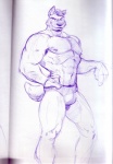 anthro bulge canid canine clothed clothing gesture hand_gesture hi_res male mammal monochrome muscular muscular_anthro muscular_male nipples pointing pointing_down poop_(artist) purple_and_white sketch solo speedo swimwear tail topless