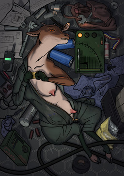 anthro battery breasts brown_body brown_fur clothing condom coveralls electronics female fur grease_stains holding_condom holding_object horn legwear looking_at_viewer lying mechanic on_back orange_eyes outline rags schematics science_fiction sexual_barrier_device stockings teats tools udders walkie-talkie wire goata anne_(dreamless_game) bovid caprine goat mammal absurd_res digital_media_(artwork) hi_res