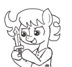 big_eyes clothed clothing earth_pony equid equine fan_character female feral ficficponyfic greyscale hasbro holding_object holding_weapon horse knife mammal monochrome my_little_pony open_mouth open_smile partially_colored pony ruby_rouge_(colt_quest) simple_background smile solo toony weapon white_background young young_feral