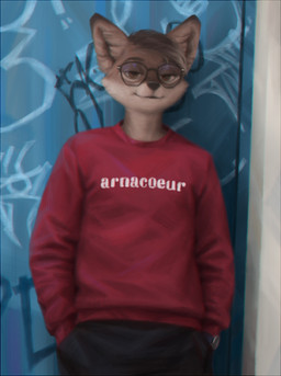 anthro bottomwear brown_body brown_eyes brown_fur brown_hair clock clothed clothing countershade_face countershading curtains eyewear front_view fur glasses grey_body grey_countershading hair half-closed_eyes hand_in_pocket hands_in_both_pockets looking_at_viewer male narrowed_eyes pants photorealism pockets realistic shirt smile solo sweater text text_on_clothing text_on_shirt text_on_topwear topwear watch wristwatch terry_grimm canid canine canis mammal wolf half-length_portrait portrait