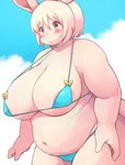 anthro areola areola_slip belly big_belly big_breasts bikini blush bodily_fluids breasts camel_toe clothed clothing cloud embarrassed female female_anthro fur hair kemono micro_bikini navel outside overweight overweight_anthro overweight_female pink_body pink_eyes pink_fur pink_hair short_hair sky solo sweat swimwear two-piece_swimsuit akitaka lagomorph leporid mammal rabbit 2017