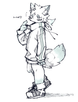 anthro big_penis bottomless clothed clothing flaccid footwear fur fur_markings genitals gesture hand_gesture hanging_penis hoodie hoodie_only kemono looking_at_viewer male markings partially_clothed penis pointing pointing_at_self shoes simple_background small_but_hung solo text topwear topwear_only vein white_background young zipper_topwear ra_tenpu fukakusa_(ra_tenpu) mammal digital_media_(artwork) hi_res monochrome