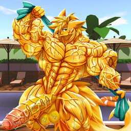 anthro balls beach_chair big_balls big_muscles big_penis blonde_hair clothed clothing erection fur genitals hair huge_balls huge_muscles huge_penis humanoid_genitalia humanoid_penis hyper hyper_muscles lifebuoy looking_at_viewer male muscular muscular_male outdoor_nudity outside parasol penis plant purple_eyes sky skyscape solo striated_muscles swimming_pool tail topless towel toweling_off vein veiny_muscles veiny_penis wet wet_body wet_fur wet_penis yellow_body yellow_fur taiko-sihori canid canine fennec_fox fox mammal true_fox 1:1 hi_res