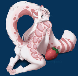 4_toes anthro anus backsack balls blue_background blue_eyes butt eyebrows eyelashes eyewear feet femboy food fruit fur genitals glasses hair kneeling long_hair male pawpads perineum pink_body pink_fur pink_pawpads plant simple_background smile solo strawberry toes white_hair accelo accelo_(character) clouded_leopard felid leopard mammal pantherine 2020 digital_media_(artwork)