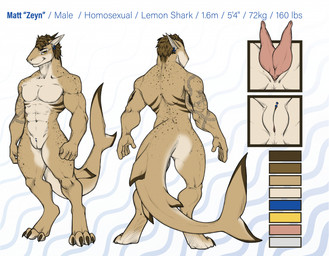 2_penises abs animal_genitalia anthro anthrofied arm_tattoo biceps biped brown_body brown_hair claws deltoids digitigrade ear_piercing ear_ring erection fin fingers fist freckled_arms freckled_back freckled_hips freckled_legs freckled_shoulders freckled_tail freckled_thighs freckles front_view genital_piercing genital_slit genitals hair humanoid_hands looking_at_viewer male markings multi_genitalia multi_penis muscular muscular_anthro muscular_male navel non-mammal_navel pecs penis piercing rear_view ring_piercing short_hair slit_piercing smile solo standing striped_markings stripes tail tail_fin tattoo text toe_claws trapezius triceps yellow_eyes spottedp_anda0046 matt_(sevsc) aquatic fish lemon_shark requiem_shark shark 2024 colored english_text full-length_portrait hi_res model_sheet portrait shaded