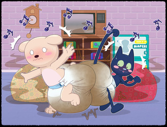 3_toes 4_fingers ambiguous_gender anthro bean_bag black_body black_border black_fur black_nose black_tail blue_floor blue_nose blush blush_lines blush_stickers bodily_fluids border brick brick_wall butt_bump clock clothed clothing crt cuckoo_clock curled_tail diaper diaper_bump diaper_only diaper_package dot_eyes duo eye_twitch feces feet fingers fist floor floppy_ears fur game_cartridge green_sclera inside looking_at_another looking_at_partner looking_back looking_back_at_another looking_back_at_partner musical_note musical_symbol on_one_leg open_mouth open_smile pooping pushbutton simple_eyes smile soiled_diaper soiling soiling_diaper spiral standing stink_fumes sweat sweatdrop symbol tail tan_body tan_fur text tile tile_floor toes topless unclean_diaper used_diaper using_diaper wall_(structure) wavy_mouth wearing_diaper white_diaper white_eyes wide_eyed tenerius bits_and_bops bit_(bits_and_bops) bop_(bits_and_bops) canid canine canis domestic_cat domestic_dog felid feline felis mammal absurd_res english_text hi_res