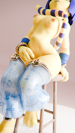 4_fingers abdominal_bulge anthro blue_hair bottomless bracelet breasts clothed clothing feet female fingers furniture hair jewelry markings nipples pose simple_background smile solo stool striped_markings striped_tail stripes tail tail_markings teeth topless translucent translucent_clothing yellow_body reheshul warfaremachine_(modeler) animal_crossing nintendo ankha_(animal_crossing) domestic_cat felid feline felis mammal 9:16 hi_res pinup