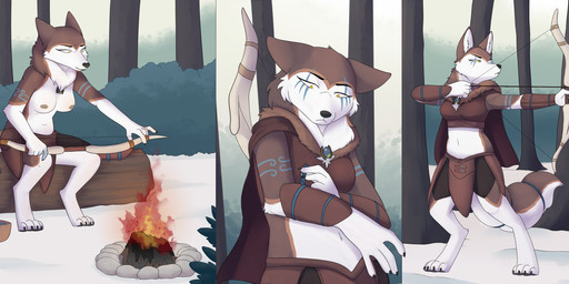 after_transformation anthro barefoot bow_(weapon) breasts brown_body brown_fur campfire crafting day detailed_background digitigrade eye_scar facial_scar feet female forest fur holding_bow_(weapon) holding_object holding_ranged_weapon holding_weapon log looking_down navel nipples outside plant ranged_weapon scar sitting snow solo tail tree weapon white_body white_fur wood fauvfox armello league_of_geeks river_(armello) talu_lupus canid canine canis mammal wolf 2025 digital_media_(artwork) hi_res