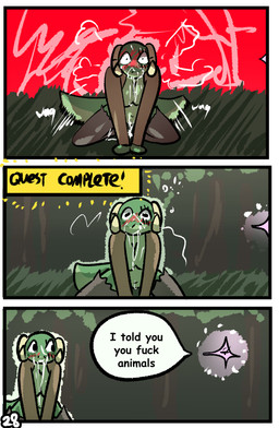 anthro blush bodily_fluids clothing cum cum_on_face dialogue duo female feral genital_fluids male male/female profanity speech_bubble tail tail_motion tailwag text brradett lernie_(brradett) love_goddess_(brradett) scalie absurd_res comic english_text hi_res