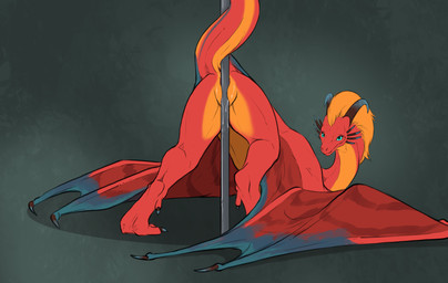 anus ass_up blue_eyes bodily_fluids butt claws countershading dancing female female_feral feral genital_fluids genitals grinding hair horn looking_at_viewer looking_back membrane_(anatomy) non-mammal_vulva open_mouth pole pole_dancing presenting presenting_hindquarters raised_tail rear_view red_body simple_background smile solo spread_legs spreading stripes stripper_pole tail teeth thick_tail vaginal_fluids vulva wings flamespitter european_mythology mythology eztli_(user_55) dragon mythological_creature mythological_scalie scalie western_dragon wyvern hi_res