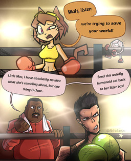 1_eye anthro bar_emanata biped black_eyes black_hair bodily_fluids boxing boxing_gloves brown_body brown_fur brown_hair brown_skin clothed clothed_anthro clothed_female clothing cute_fangs detailed_background dialogue emanata eyewear eyewear_on_head fangs female female_anthro fighting_ring flying_sweatdrops fur goggles goggles_on_head group hair handwear machine male pink_eyes snout speech_bubble sport sweat sweatdrop tail talking_to_another tan_body tan_skin teeth text whiskers neatomni gameoverse glitch_productions punch-out!! doc_louis kaboodle_(gameoverse) kit_bodega little_mac domestic_cat felid feline felis human mammal robot waddling_head 2026 comic crossover digital_drawing_(artwork) digital_media_(artwork) english_description english_text hi_res signature