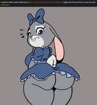 absurd_res accessory anthro big_butt bow_(feature) bow_accessory bow_ribbon breasts butt centered_hair_bow clothed clothing digital_media_(artwork) disney english_text female fur grey_body grey_fur hair_accessory hair_bow hair_ribbon hi_res joaoppereiraus judy_hopps lagomorph leporid looking_at_viewer mammal rabbit rear_view ribbons simple_background solo text thick_thighs zootopia
