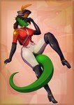 anthro black_clothing black_gloves black_handwear breasts brown_hair clothing female gloves green_body green_scales hair handwear hat headgear headwear legwear looking_at_viewer military_uniform nipple_outline red_clothing scales simple_background smile solo tail thigh_highs uniform littlenapoleon mythology dragon mythological_creature mythological_scalie scalie 2015 digital_media_(artwork) hi_res