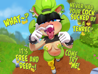 anthro areola black_body blue_eyes breasts dialogue ear_piercing ear_ring female green_hair hair heart_symbol looking_at_viewer multicolored_body nipple_piercing nipples open_mouth oral_invitation outside piercing ring_piercing slightly_chubby slightly_chubby_anthro slightly_chubby_female solo talking_to_viewer tan_body text thick_thighs tongue tongue_out theboogie idw_publishing sega sonic_the_hedgehog_(comics) sonic_the_hedgehog_(idw) sonic_the_hedgehog_(series) surge_the_tenrec afrosoricid mammal tenrec absurd_res english_text hi_res
