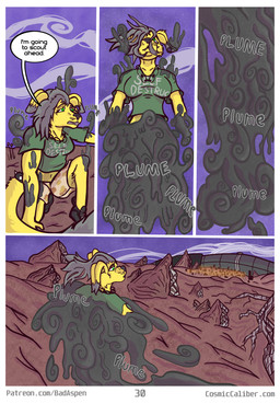 anthro breasts clothed clothing dialogue fantasy female green_eyes magic powers science_fiction smoke smoke_transformation space text badaspen bird_dog canid canine canis domestic_dog golden_retriever hunting_dog mammal retriever absurd_res comic english_text hi_res url