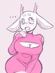 anthro antlers big_breasts breasts cleavage cleavage_cutout clothed clothing cutout dress ellipsis eyelashes female horn inner_ear_fluff looking_up open_mouth pink_background simple_background solo teeth tuft v1rtualdarl1ng bimbo_deer deer mammal hi_res monochrome