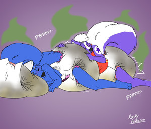 anthro big_diaper big_tail black_nose blue_body blue_fur blush blush_lines bodily_fluids clothed clothing diaper duo excessive_feces eyebrows eyes_closed feces fluffy fluffy_tail fur genital_fluids hair huge_diaper hyper hyper_diaper hyper_feces hyper_soiling lying male markings on_front onomatopoeia pantsless pooping purple_body purple_fur raised_tail red_clothing red_shirt red_topwear shirt shirtless sleep_pooping sleeping smelly soiled soiled_diaper soiling soiling_diaper sound_effects stained_diaper star_(marking) stink_fumes tail text topwear unclean_diaper urine used_diaper using_diaper vowelless vowelless_sound_effect wet_diaper white_body white_fur white_hair poofbuttrocky arilin_thameslink star_(gibsonscratch) canid canine canis hybrid mammal mephitid skunk wolf hi_res signature