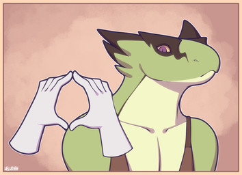 ambiguous_gender anthro biped black_body border brown_clothing clothing disembodied_hand green_body light_body markings multicolored_body orange_border purple_eyes simple_background solo two_tone_body yellow_sclera conditional_dnp welwraith deadlock_(game) valve vyper_(deadlock) reptile scalie snake 2026 digital_drawing_(artwork) digital_media_(artwork) hi_res watermark