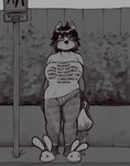 animal_slippers anthro big_breasts breasts bunny_slippers clothed clothing female footwear looking_at_viewer outside shoes slippers solo standing text latchk3y evie_(latchk3y) mammal procyonid raccoon 2023 english_text greyscale hi_res monochrome