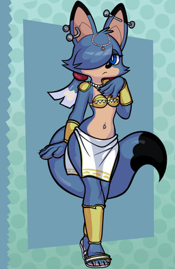 4_toes anthro armor bottomwear clothing cosplay feet female loincloth narrowed_eyes navel raised_tail tail toes blackmore nintendo star_fox alice_(fox-popvli) krystal_(star_fox) bat-eared_fox canid canine canis fox mammal absurd_res hi_res