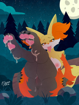 4_toes anthro areola big_breasts blush bodily_fluids breasts butt claws cum cum_on_crotch cum_on_feet eyebrows feet female foot_fetish forest fur genital_fluids genitals inner_ear_fluff knock-kneed legs_up looking_at_viewer moon night nipples outside pawpads pink_areola pink_nipples pink_pawpads plant pseudo_clothing raised_inner_eyebrows smile soles solo tail toe_claws toes tongue tongue_out tree tuft vulva yellow_body yellow_fur irgramfox nintendo pokemon canid canine delphox generation_6_pokemon mammal pokemon_(species) 3:4 absurd_res alternate_version_at_source digital_media_(artwork) hi_res signature