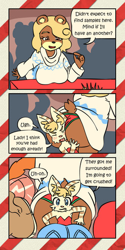 anthro between_buttocks between_butts black_nose blonde_eyebrows blonde_hair blue_bottomwear blue_clothing blue_jeans blue_pants blush blush_lines bodily_fluids bottomwear breasts brown_body brown_eyes brown_fur brown_stripes brown_tail butt butt_cleavage butt_on_face christmas_clothing christmas_sweater christmas_topwear clothed clothing crowd cute_fangs denim denim_bottomwear denim_clothing dialogue dress exclamation_point exposed_panties eyebrows eyelashes eyes_closed face_between_cheeks face_in_ass fangs female female/female fur grossed_out group hair holidays inner_ear_fluff jeans multicolored_body multicolored_fur oblivious open_mouth orange_tail panties pants pantsless pink_bottomwear pink_clothing pink_nose pink_pants red_clothing red_dress red_eyes red_panties red_topwear red_underwear sample scut_tail short_tail shoulderless_dress smile speech_bubble striped_body striped_fur stripes surprised sweat sweatdrop sweater tail talking_to_another tan_body tan_fur teeth text toothpick topwear trio tuft two_tone_body two_tone_fur underwear white_clothing white_sweater white_topwear worried young young_anthro young_female bisonvega christmas cat_girl_(bisonvega) bear canid canine domestic_cat felid feline felis fox mammal 1:2 2025 comic english_text hi_res