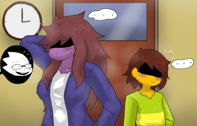 anthro blush bodily_fluids breasts brown_hair clock clothing duo_focus eyewear female glasses green_clothing group hair long_hair male non-mammal_breasts sweat teeth enigi09 deltarune undertale undertale_(series) alphys kris_dreemurr susie_(deltarune) human humanoid mammal reptile scalie hi_res
