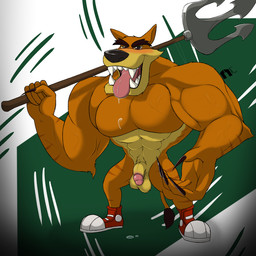 abs anthro balls biceps big_claws big_muscles big_nose brown_eyes brown_hair claws clothing deltoids drooling_tongue eyebrows fangs flaccid footwear footwear_only fur genitals glans hair holding_object holding_weapon humanoid_genitalia humanoid_penis looking_at_viewer male mostly_nude muscular muscular_anthro muscular_arms muscular_male open_mouth open_smile orange_body orange_fur pecs penis pitchfork sharp_teeth shoes simple_background smile solo standing striped_body striped_fur stripes tail tail_tuft tan_body tan_fur teeth thick_eyebrows tongue tongue_out tools triceps tuft vein veiny_muscles weapon yellow_sclera nega_threuy activision crash_bandicoot_(series) tiny_tiger dasyuromorph mammal marsupial recently_extinct_species thylacine 1:1 2021