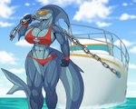 abs anthro big_breasts bikini biped boat breasts chain cleavage clothed clothing eyewear female fin huge_breasts lifeguard lifeguard_bikini lifeguard_swimsuit muscular muscular_female scar sea sky smile solo sunglasses swimwear teeth two-piece_swimsuit vehicle water watercraft katanasmirk sheila_(katanasmirk) fish marine shark 5:4 absurd_res hi_res