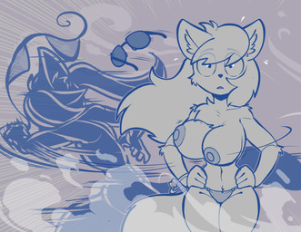 anthro areola assisted_exposure big_breasts bikini bikini_bottom bikini_bottom_only bikini_top_removed bodily_fluids bouncing_breasts bracelet breasts clothed clothing clothing_theft duo exposed_breasts eyewear female flying_sweatdrops hair hands_on_hips jewelry male motion_lines nipples ponytail radial_speed_lines speed_lines stealing sunglasses surprised sweat sweatdrop swimwear topless topless_anthro topless_female two-piece_swimsuit wide_eyed conditional_dnp teckworks blanca_(nicky_illust) percy_(teckworks) canid canine canis domestic_cat domestic_dog felid feline felis mammal nordic_sled_dog samoyed siamese_cat spitz 2026 blue_monochrome hi_res monochrome