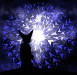 ambiguous_gender anthro arrow_sign biped cosmic_background ears_up fur hill hillside kneeling light lights looking_into_the_distance male monotone_background shapes silhouette solo tailless vortex raiju_(artist) pink_floyd canid canine fox mammal cloudy_(disambiguation) blue_theme cool_colors lighting shaded