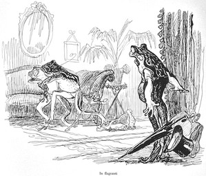 ambiguous_gender anthro caught_in_the_act clothing curtains end_table furniture group hat headgear headwear houseplant inside kissing looking_at_another mirror nude_anthro open_mouth plant shocked sitting sofa standing table top_hat trio umbrella valise heinrich_kley amphibian frog 1910 20th_century ancient_art black_and_white monochrome