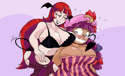 big_breasts black_bra black_clothing black_lipstick black_panties black_tail black_underwear black_wings blush blush_lines bra breasts cleavage clothed clothing colored_nails dark_body dark_skin dress duo eyelashes eyewear female front_view glasses hair head_wings headgear headwear huge_breasts legwear lipstick long_hair makeup markings mole_(marking) mole_on_breast mole_under_eye nails panties pattern_clothing pattern_dress pink_clothing pink_dress pink_headwear purple_background purple_clothing purple_dress purple_hair purple_legwear red_eyes red_hair red_nails round_glasses simple_background spade_tail striped_clothing striped_dress stripes tail tan_body tan_skin thick_thighs torn_clothing torn_legwear underwear unusual_wing_placement wide_hips wings linaciari touhou koakuma patchouli_knowledge human humanoid mammal tailed_humanoid hi_res