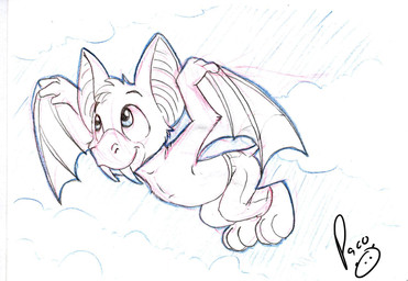 anthro big_ears big_fangs bottomwear cheek_tuft closed_smile clothed clothing facial_tuft fangs flying glistening glistening_eyes head_tuft logo male membrane_(anatomy) membranous_wings mouth_closed pants smile solo tail teeth topless tuft wings young young_anthro young_male pandapaco bat mammal artist_logo hi_res signature sketch