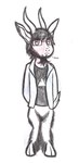 anthro beard clothed clothing eyebrows eyewear facial_hair glasses hair hand_in_pocket hooves horn long_ears male pantsless philtrum pockets pupils scut_tail shaggy_fur shirt short_tail simple_background slit_pupils snout solo sweater tail text topwear white_background schreckengast pink_floyd the_dark_side_of_the_moon_(album) mark_hor bovid caprine goat mammal 2014 absurd_res black_and_white english_text hi_res line_art monochrome traditional_media_(artwork)